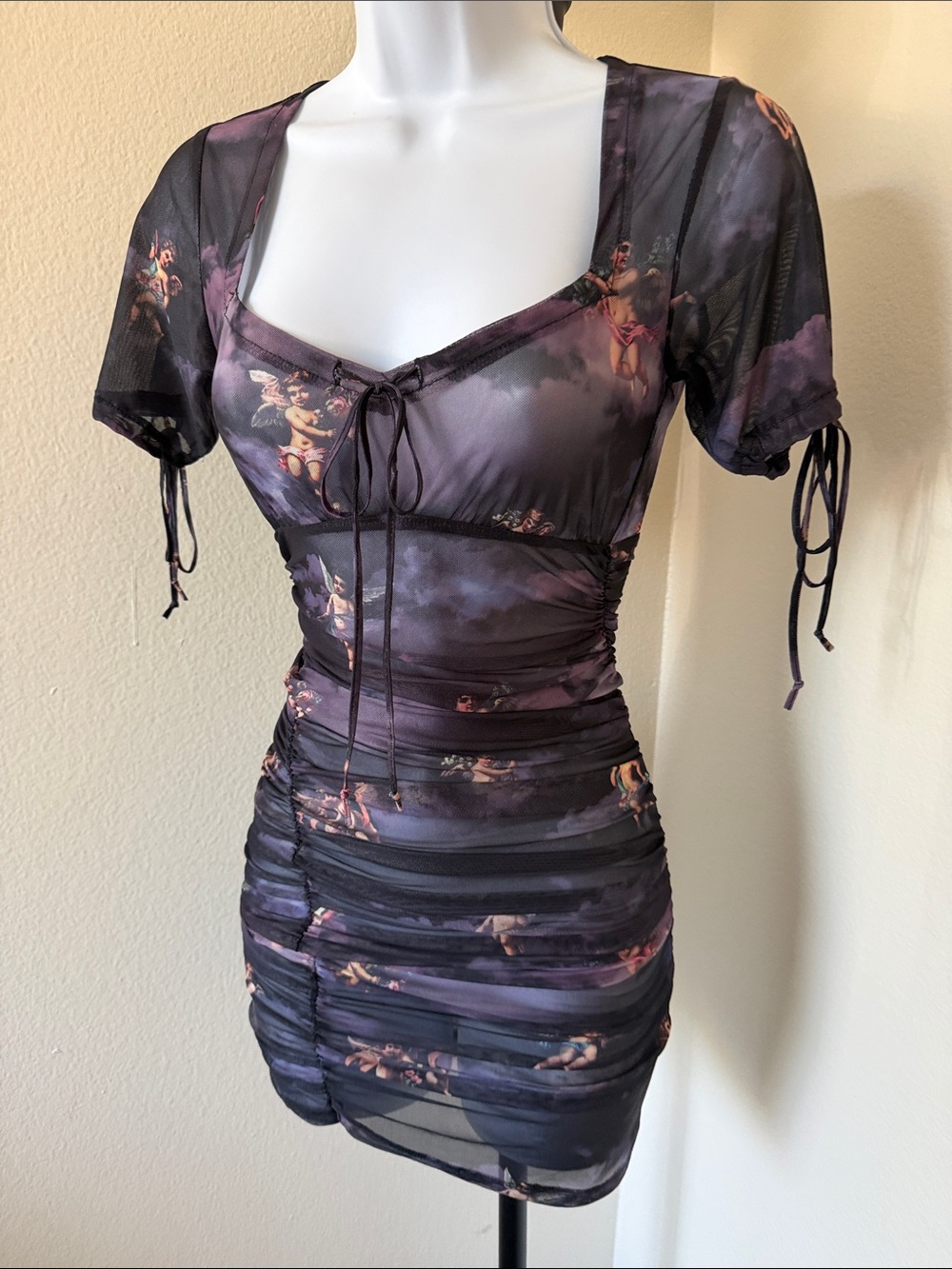 Ruched Sheer Mini Dress in Dark Purple Floral - Picture 6 of 9